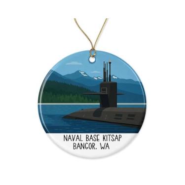 Imagem de Base Naval Kitsap Bangor Washington Ornamento de cerâmica - Design militar vintage com ilustração de frota submarina - Ornamento retrô de lembrança de defesa do Pacífico impresso em ambos os lados