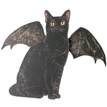 Imagem de Primitives by Kathy Bat Cat Stand Up – Gato preto de madeira estilo vintage com asas de morcego, 35 cm – Decoração de mesa de Halloween com cavalete traseiro