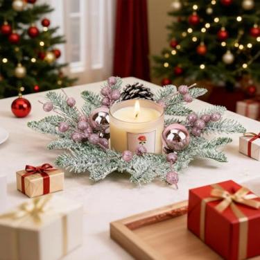 Imagem de Guirlandas de anéis de vela de Natal, guirlandas pequenas de 8,9 cm para armário de cozinha com bolas, pinhas, agulhas de pinheiro e frutas silvestres para decoração de mesa de Natal em casa (1, rosa)