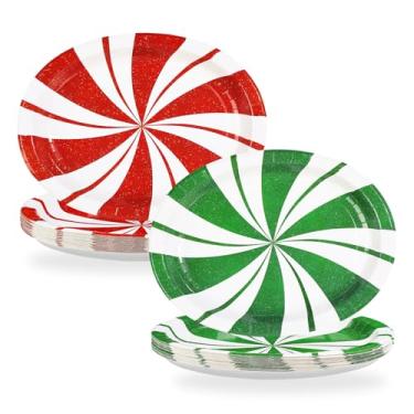 Imagem de 50 peças de pratos ovais de doces de hortelã-pimenta de Natal 25,4 cm x 30,5 cm grandes pratos de papel doce menta descartáveis, resistentes, vermelho e verde, listrados, pratos de festa de