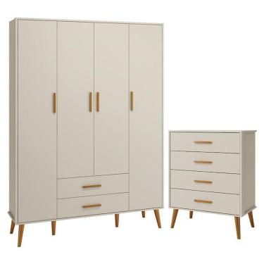 Imagem de Jogo De Quarto Infantil Isis Guarda Roupa 4 Portas E Cômoda 4 Gavetas Areia - Reller Móveis Areia