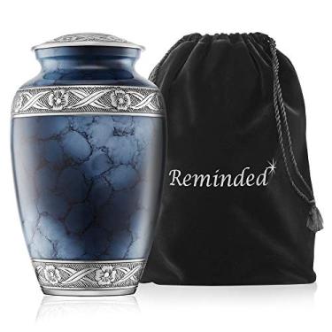 Imagem de Urna memorial de cremação lembrada para cinzas humanas, urna funeral adulta prateada e azul com bolsa de veludo