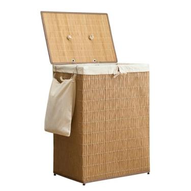 Imagem de Cesto de roupa suja com tampa, cesto de roupa grande de 200 L, 2 sacos de forro removíveis, cesto de roupas de vime sintético com bolso lateral, organização de lavanderia para banheiro, lavanderia