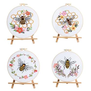 Imagem de Huacan Kits de bordado para adultos, iniciantes, 4 peças, estampa de mel, kit de costura faça você mesmo, 19 x 19 cm