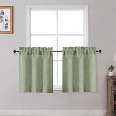 Imagem de OWENIE Cortinas de cozinha verde sálvia sobre a pia 61 cm de comprimento, conjunto de 2 painéis, cortinas de café curtas texturizadas com filtragem de luz para janela de banheiro, pequena cortina para