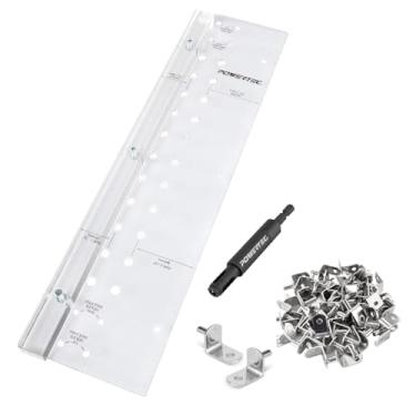 Imagem de POWERTEC Gabarito de pino de prateleira 72238 com broca autocentrante de 5 mm e 50 peças de pinos de prateleira, gabarito de perfuração de pino de prateleira de 3/20.3 cm e suporte em forma de L de 5