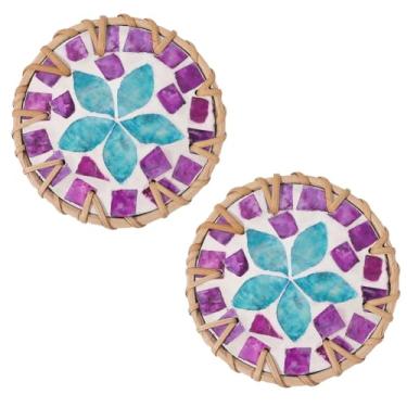 Imagem de CREATCABIN 2 peças de porta-copos redondos de vime roxo orquídea porta-copos para bebida chá xícara de café tapete retrô rústico jogo americano concha tecido proteção mesa de café presente de