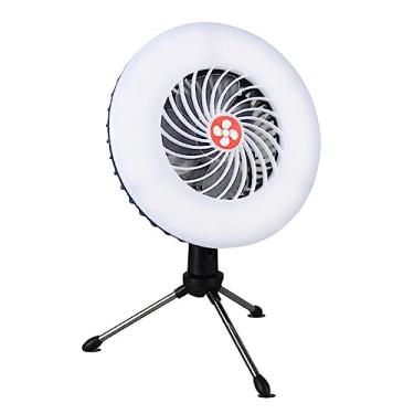 Imagem de Ventilador de acampamento portátil com tripé dobrável Lanterna LED Mini ventilador de mesa USB recarregável com baterias de 2400mAh Ventilador de lâmpada operado com gancho para acampamento em casa e