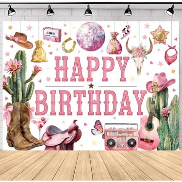 Imagem de SVBright Pano de fundo de feliz aniversário de vaqueira ocidental, 17 x 13 cm A, retrô, marrom, rosa, cacto, floral, chapéu, discoteca, borboleta, decoração de país, fundo fotográfico, banner, cabine