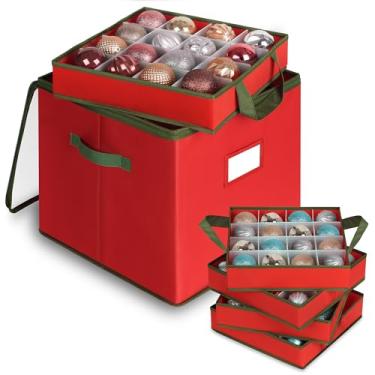 Imagem de Merkisa Caixa de armazenamento de enfeites de Natal, armazenamento de enfeites transparente inclui 4 bandejas com divisórias ajustáveis, organizador de ornamentos com alça para armazenar até 64