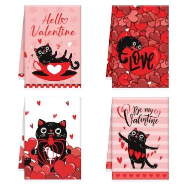 Imagem de InIsaJace Toalhas de cozinha para o dia dos namorados, 4 peças de toalhas de mão de gato para limpeza de cozinha, toalha de chá estética absorvente com laço para pendurar para decoração de cozinha de
