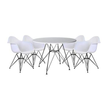 Imagem de Mesa De Jantar Redonda 90Cm Branca Com 4 Poltronas Brancas Ferro Preto Branco