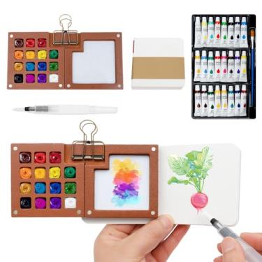 Imagem de UKQRRTC Mini conjunto de tinta aquarela, madeira de nogueira, conjunto de aquarela de viagem de 24 cores com paleta de 15 grades, caixa de tinta, caderno de esboços, pincel, design de clipe de metal