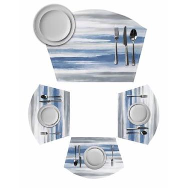 Imagem de Jogo americano redondo, azul, cinza, branco, conjunto com 4, moderno, abstrato, mosqueado, esteira, para mesa de jantar redonda, para ambientes externos, internos, limpos, tapetes de mesa