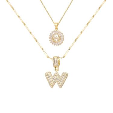 Imagem de ALFISO Colar com letras para mulheres, colares com inicial banhada a ouro 14K, joias personalizadas com nome personalizado, colar com pingente de iniciais para casal, 2 peças, colar elegante e