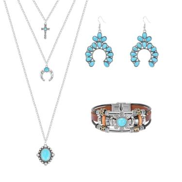 Imagem de Kezoic Conjunto de 3 peças de joias turquesa, colares, brincos e pulseira ocidentais para mulheres, 7.5 Inches, Metal, Turquesa