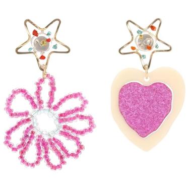 Imagem de Brincos de dopamina rosa em forma de coração com contas de flores, decorações de estrelas, ganchos de liga de prata, perfeitos para ocasiões especiais