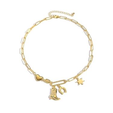 Imagem de SPARKLAURA Colar com pingente de ouro para mulheres, joia ocidental, pingente de ferradura, boho, botas de caubói, chapéu, cabeça de touro, pingentes de cacto, delicados, clipe de papel, corrente e