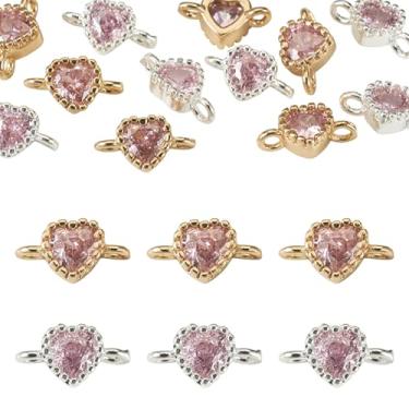 Imagem de FASHEWELRY 12 peças de pingentes de elos de coração de zircônia cúbica dourada e prata pingentes de elos de coração de cristal rosa 2 furos para brincos pulseira colar fabricação de joias 9 x 5 x 3,5