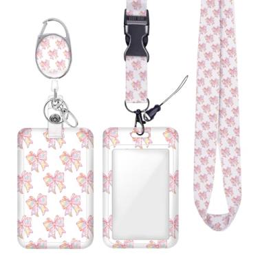 Imagem de Cordão de crachá de identificação com laço rosa fofo para crachás de identificação, protetor vertical de trabalho, clipes de mosquetão retráteis, cordão de chave resistente para mulheres, enfermeira