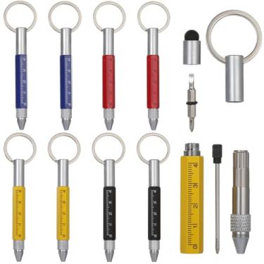 Imagem de OMISTAR 8 porta-chaves 6 em 1 multiferramentas, caneta esferográfica de metal com régua, caneta, chaves de fenda Phillips e de cabeça chata, canetas de bolso para escritório, construção, faça você