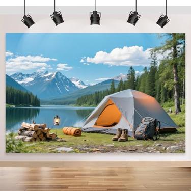 Imagem de Cenário de acampamento de cenário de floresta, 2,8 x 1,5 m, fundo fotográfico de paisagem natural de lago florestal, decorações de festa para festas de aventura ao ar livre, adereços de sessão de