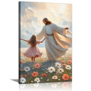 Imagem de Arte de parede em tela emoldurada Jesus e menina dançando nas flores Bíblia decoração de parede imagens cristãs flores abstratas pôsteres impressões para banheiro jantar sala de estar quarto decoração