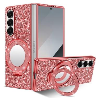 Imagem de Capa de silicone para Samsung Galaxy Z Fold 7 5G Capa de telefone Glitter Sparkle Bling Matte Back Cases com Mag-Safe, espelho de maquiagem, suporte à prova de choque capa protetora para Samsung Z