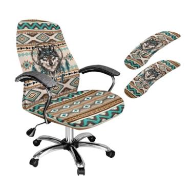 Imagem de SAJJWHHR Capa de cadeira de computador com estampa de lobo asteca com capas de apoio de braço, conjunto de capa de cadeira de escritório impressa apanhador de sonhos, acessórios para cadeiras de