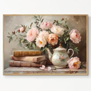 Imagem de Livros de flores arte de parede em tela vintage imagens de flores vitorianas pintura rústica natureza morta arte floral francesa rosa livros academia arte parede biblioteca fotos decoração sala de