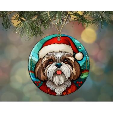 Imagem de Shih Tzu Enfeite de cerâmica de vitral de Natal, enfeite de pendurar para árvore de Natal, enfeite de vitral de cachorro, ornamento religioso para cristãos impresso em ambos os lados