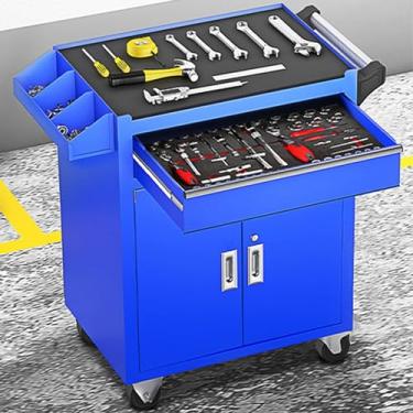 Imagem de JYXYXSCP Armário de ferramentas de armazenamento de armazém com roda e alça armário de rolo com alça, 2 gavetas e 2 portas carrinho de armário de ferramentas de armazenamento (estilo azul 2)