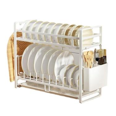 Imagem de Escorredor de pratos branco, escorredor de pratos de 2 camadas com bandeja coletora, escorredor de pratos de grande capacidade com suporte de talheres e tábua de corte, organizador de bancada de