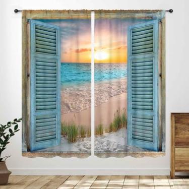 Imagem de Lnepty Cortina de praia oceânica, azul litorânea litoral rústica paisagem náutica paisagem casa de fazenda cortina de janela para quarto sala de estar cortinas de banheiro 2 painéis, 42 x 45 polegadas