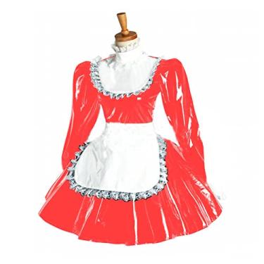 Imagem de Vestido feminino plus size bufante manga comprida avental de renda PVC Wetlook Maid fantasia, vermelho, P