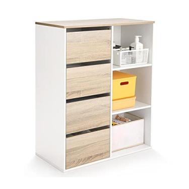 Imagem de Armário de arquivo móvel de madeira com 4 gavetas armário de arquivo lateral móvel sobre rodas suporte de impressora com prateleiras de armazenamento abertas para armário de arquivo de escritório