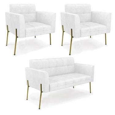 Imagem de Sofá Namoradeira E 2 Poltronas Pé De Ferro Dourado Elisa Corano D03 - D'rossi Cor Branco