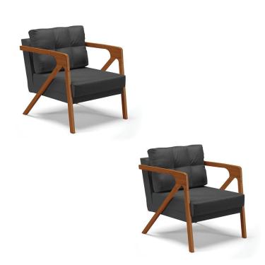 Imagem de Kit 02 Poltronas Corino Base De Madeira Castanho Preto