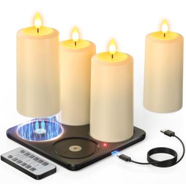 Imagem de Yme Velas recarregáveis sem chamas com controle remoto e base de carregamento magnético, 4 peças de velas elétricas falsas de LED à prova d'água, cintilantes, pilhas para decoração de casa de