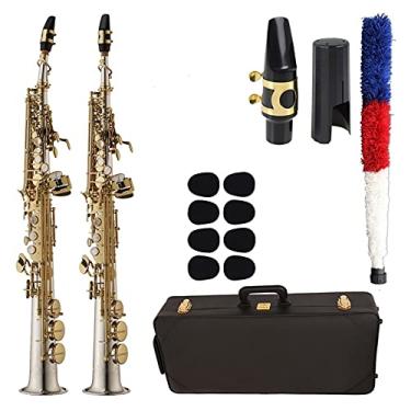 Imagem de Saxofone soprano prateado chave dourada latão saxofone profissional remendos palhetas pescoço curvado saxofone reto