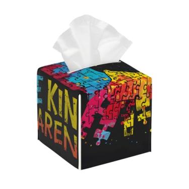 Imagem de Capa quadrada de couro para caixa de lenços à prova d'água, design de autismo, organizador de papel facial colorido com cinto inferior, estojo de lenços para mesa, banheiro, escritório, mesa, carro