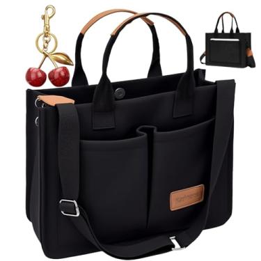 Imagem de Bolsa feminina com pingente de cereja, bolsa grande de lona com bolso, bolsa feminina, bolsa transversal para trabalho, laptop, livros, bolsas, bolsas (preta)