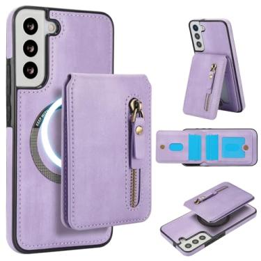 Imagem de Carteira destacável compatível com carregamento sem fio Magsafe para Samsung Galaxy S21 FE capa com suporte para cartão, bolso com zíper, suporte 2 em 1 capa à prova de choque (roxa)