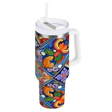 Imagem de Blueangle Copo isolado de 1,134 g com alça e tampa de canudo - Caneca de viagem de aço inoxidável à prova de vazamento, garrafa de água de cerâmica mexicana a vácuo de parede dupla (608)