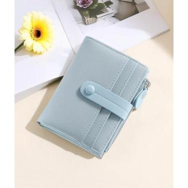 Imagem de Carteira feminina RFID, pequena, fina, compacta, para cartão de crédito, couro de poliuretano, com bolso para moedas com zíper e janela para identidade, Azul retrô, Moderno
