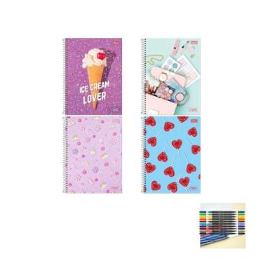 Imagem de Kit Caderno Universitário Vibe Feminino 1M 80F Tilibra + Caneta Esferográfica Spiro 24 Unidades + Marcador Artístico Brush 10 Cores