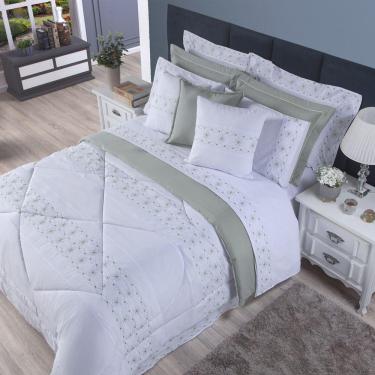 Imagem de Edredom + Jogo De Cama 200 Fios Damasco Queen 15 Peças 100% Poliéster - Branco-cinza