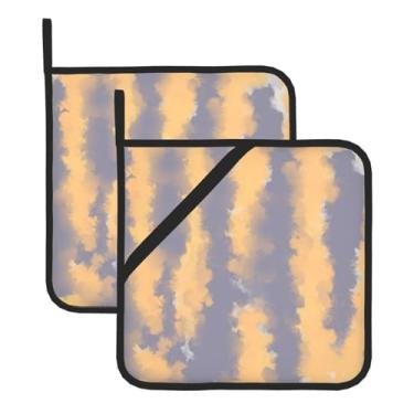 Imagem de Conjunto de tapete de panela quadrado resistente ao calor com impressão tingida, 2 peças antiderrapantes com alças para pendurar, para proteção de balcão de cozinha e mesa de jantar.