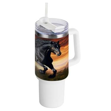 Imagem de Kigai Copo de 1,134 g com tampa e canudo, copo com isolamento de aço inoxidável durável à prova de vazamento de cavalo preto de corrida com alça, garrafas de água à prova de derramamento para viagens