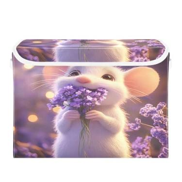 Imagem de STAYTOP Lindo cesto de armazenamento dobrável de rato branco com tampa, caixa de armazenamento decorativa, organizador de recipientes, cestas de armazenamento para quarto, armário, sala de estar